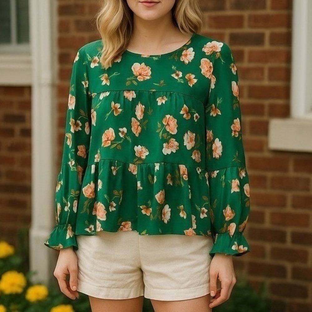 Moa Moa Green/Orange/Cream Long Sleeve Floral Print Blouse Top Shirt